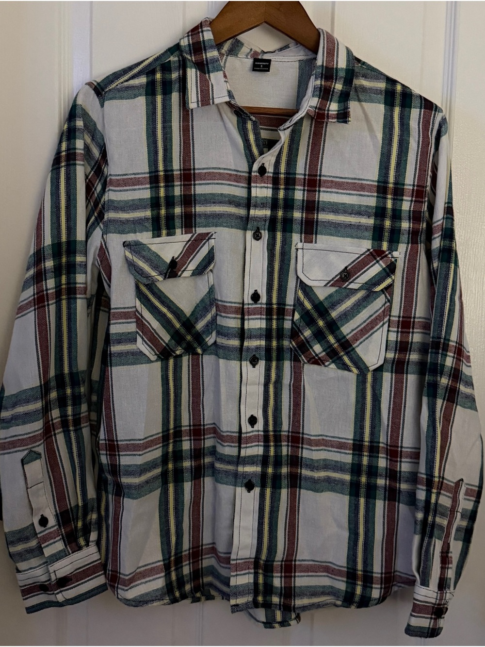 Casual Plaid Button-Down Shirt in Cream, Green & Burgundy